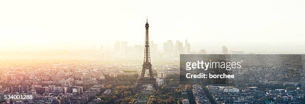 paris cityscape panorama with eiffel tower - panoramic stock pictures, royalty-free photos & images