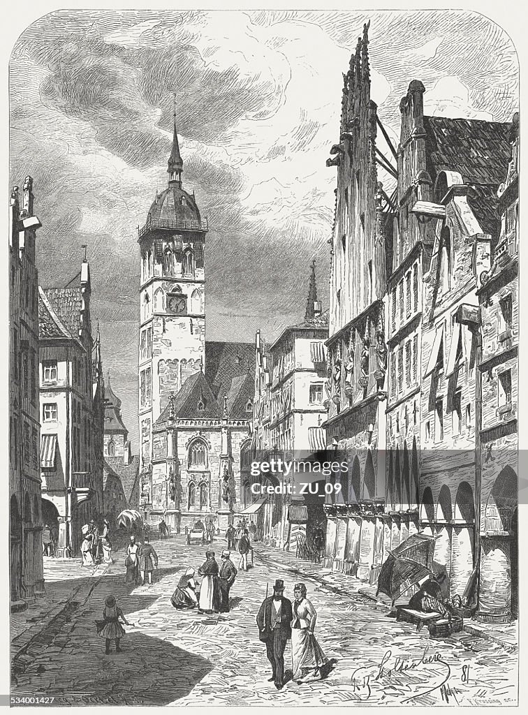 Town hall and St Lamberti in Münster, Germany, published 1882