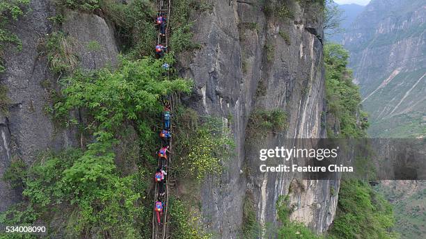 Children of Atule'er Village climb on the vine ladder on a cliff on their way home in Zhaojue county in southwest China's Sichuan province on May 14,...