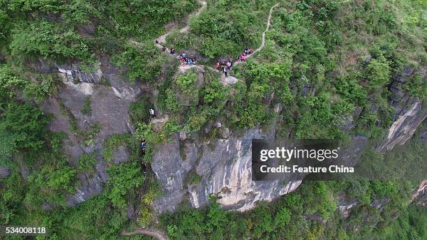 Children of Atule'er Village climb on the vine ladder on a cliff on their way home in Zhaojue county in southwest China's Sichuan province on May 14,...