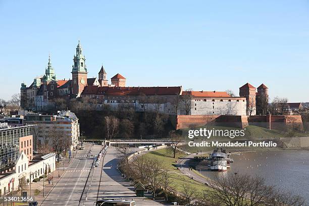 View of the Wawel Castle facing the river Vistula. Krakow, Poland. 13th January 2015