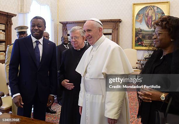 Pope Francis in a private audience with the President of Togo Faure Gnassingbé and his wife Nana Ama Kufuor in the Private Library of the Apostolic...