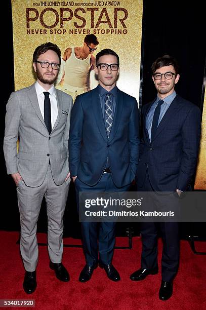 Actors Akiva Schaffer, Andy Samber and Jorma Taccone attend "Popstar: Never Stop Never Stopping" premiere premiere at AMC Loews Lincoln Square 13...