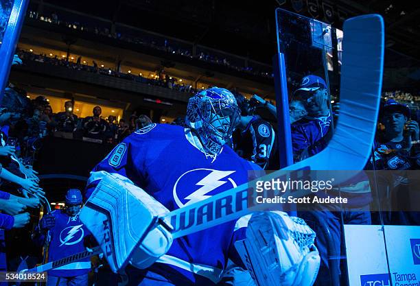 Goalie Andrei Vasilevskiy of the Tampa Bay Lightning steps out to the ice against the Pittsburgh Penguins before Game Six of the Eastern Conference...