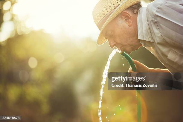 portrait of a senior man - man drinking water photos et images de collection