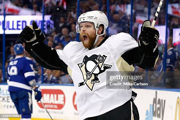 Phil Kessel of the Pittsburgh Penguins celebrates after scoring a goal against Andrei Vasilevskiy of the Tampa Bay Lightning during the first period...