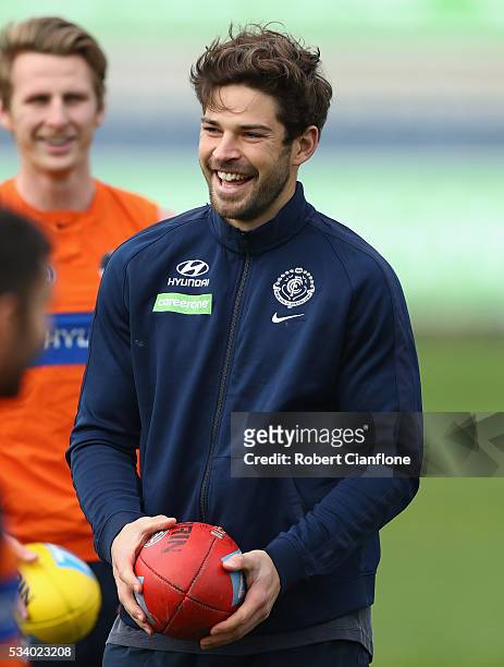 Levi Casboult of the Blues looks on during a Carlton Blues AFL training session at Ikon Park on May 25, 2016 in Melbourne, Australia.