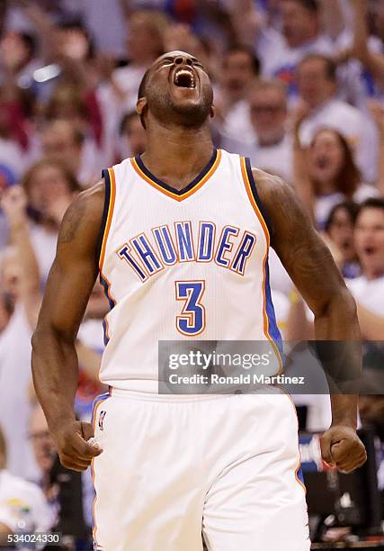 Dion Waiters of the Oklahoma City Thunder reacts in the first quater against the Golden State Warriors in game four of the Western Conference Finals...