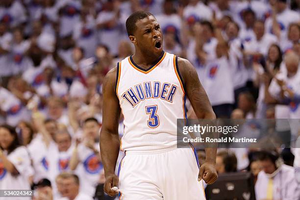 Dion Waiters of the Oklahoma City Thunder reacts in the first quater against the Golden State Warriors in game four of the Western Conference Finals...