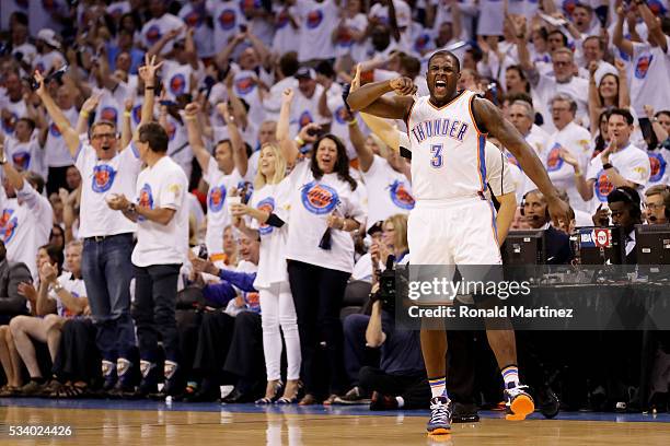 Dion Waiters of the Oklahoma City Thunder reacts in the first quater against the Golden State Warriors in game four of the Western Conference Finals...