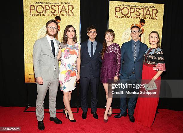 Akiva Schaffer, Liz Cackowski, Jorma Taccone, Marielle Heller, Andy Samberg and Joanna Newsom attend "Popstar: Never Stop Never Stopping" New York...