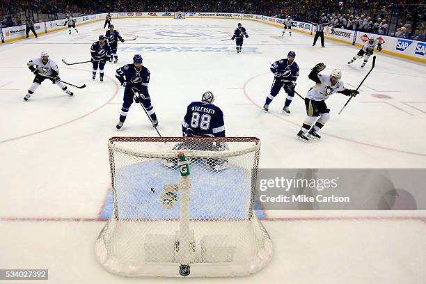 Sidney Crosby of the Pittsburgh Penguins celebrates after scoring a goal against Andrei Vasilevskiy of the Tampa Bay Lightning during the second...