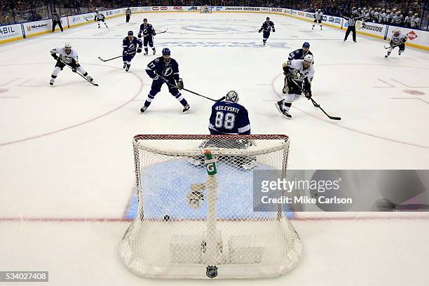 Sidney Crosby of the Pittsburgh Penguins scores a goal against Andrei Vasilevskiy of the Tampa Bay Lightning during the second period in Game Six of...