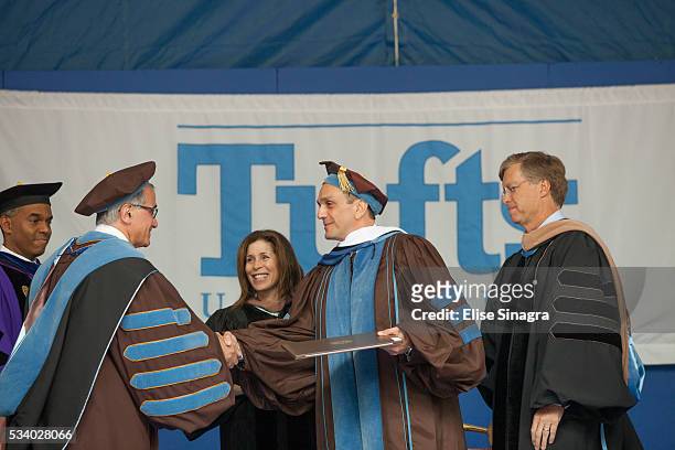 Actor Hank Azaria receives an honorary degree during commencement at Tufts University on May 22, 2016 in Boston, Massachusetts.