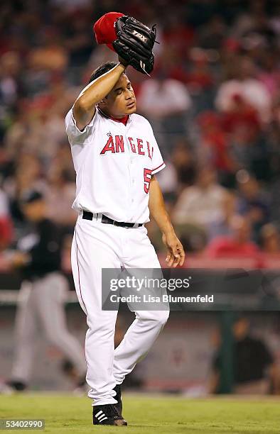 Relief pitcher Joel Peralta of the Los Angeles Angels of Anaheim leaves the game in the 8th inning against the Toronto Blue Jays on August 17, 2005...
