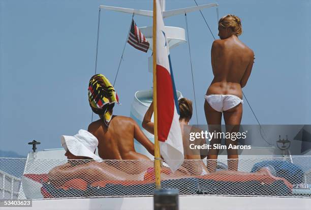 Tanned bodies on the deck of Dino Pecci Blunt's yacht in Marbella, 1967.