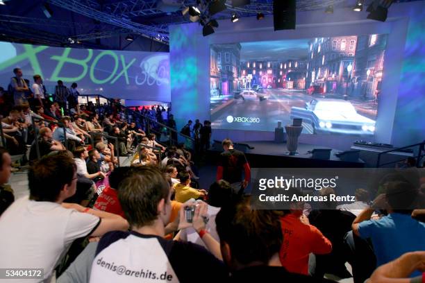 Microsoft presents games for their New "XBOX 360" station at a Computer Gaming Convention on August 18, 2005 in Leipzig, Germany. The convention is...