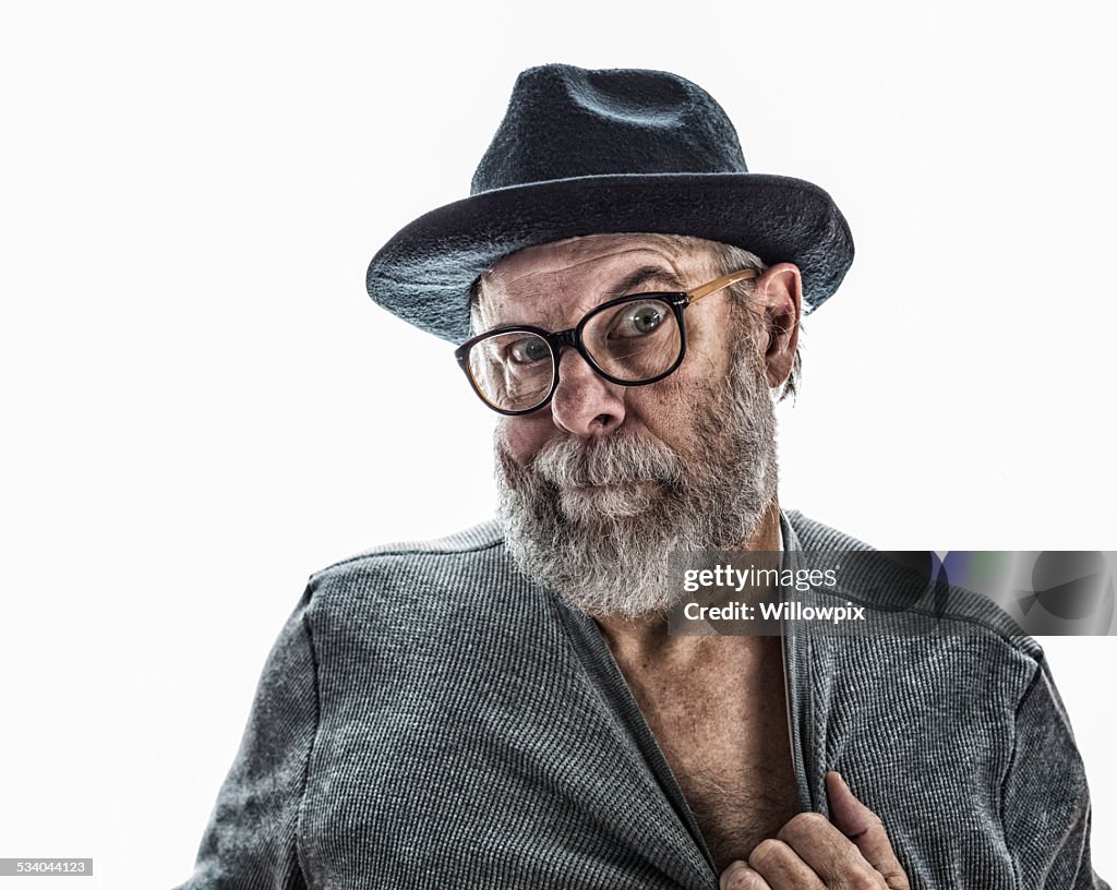 Flirting Senior Man Wearing Black Fedora Hat