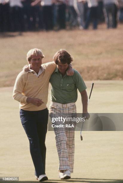 Jack Nicklaus of the USA and Tom Watson of the USA walk together at the 1977 British Open held in July 1977 at the Turnberry Ailsa course in...