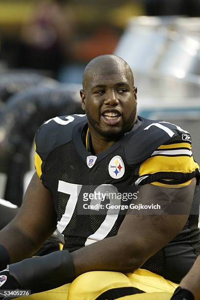 Offensive lineman Barrett Brooks of the Pittsburgh Steelers sits on the bench before the start of a preseason game against the Philadelphia Eagles at...