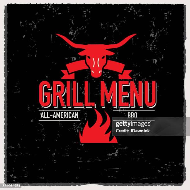 stockillustraties, clipart, cartoons en iconen met grill menu design template steer head and flame - burger grill