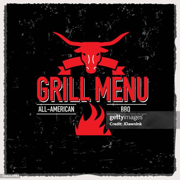 grill menu design template steer head and flame - beef cattle stock illustrations