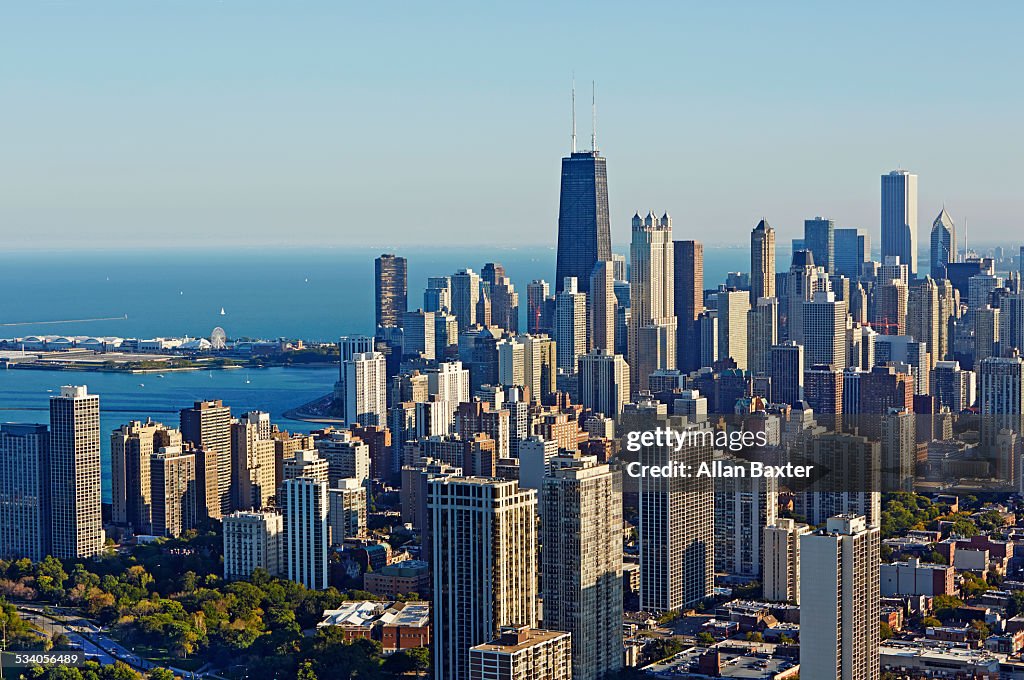 Aerial cityscape of Chicago and Lake Michigan