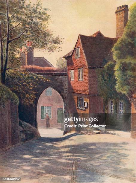 Castle Gateway and Museum, Guildford' , from 'A Pilgrimage In Surrey, Vol 1,' by James S Ogilvy , 1914. Guildford Museum, Surrey. The museum is on...