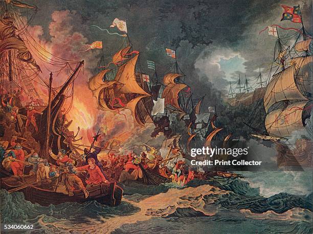 Defeat of the Spanish Armada' , from 'Old Naval Prints,' by Charles N Robinson & Geoffrey Holme , 1924. The defeat of the Spanish Armada in 1588.