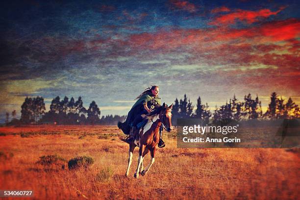 woman in cloak rides paint horse at sunrise - cavaliers warriors photos et images de collection