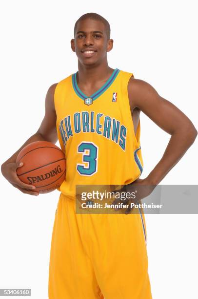 Chris Paul of the New Orleans Hornets poses during a portrait session with the 2005 NBA rookie class on August 10, 2005 in Tarrytown, New York. NOTE...
