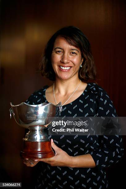 Dr Farah Palmer poses with the Farah Palmer Cup during a portrait session on May 25, 2016 in Auckland, New Zealand.