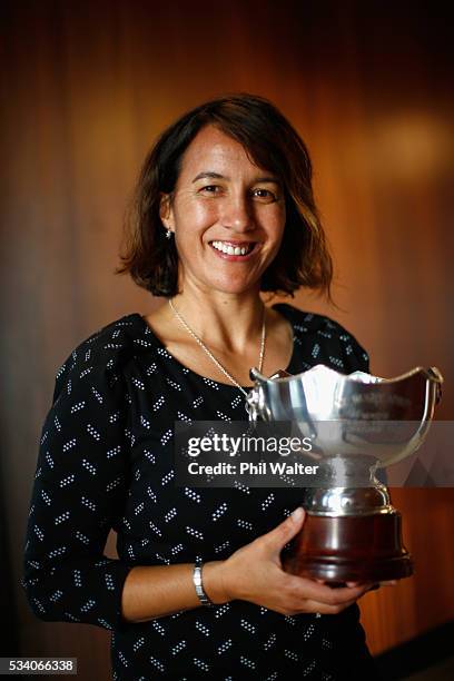 Dr Farah Palmer poses with the Farah Palmer Cup during a portrait session on May 25, 2016 in Auckland, New Zealand.