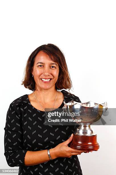 Dr Farah Palmer poses with the Farah Palmer Cup during a portrait session on May 25, 2016 in Auckland, New Zealand.