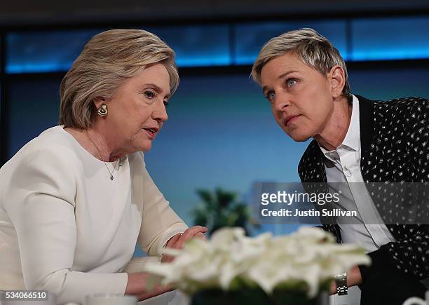 Democratic presidential candidate former Secretary of State Hillary Clinton talks with Ellen DeGeneres during a taping of The Ellen DeGeneres Show on...