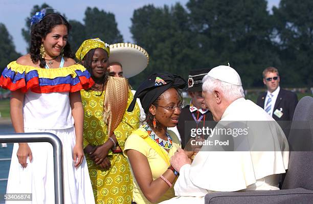 Pope Benedict XVI attends the welcoming ceremony on the Poller Rheinwiesen bank on August 18, 2005 in Cologne, Germany. Pope Benedict XVI is in his...