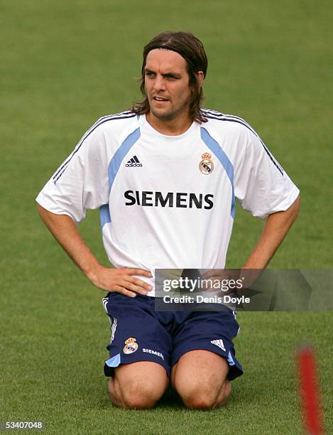 Jonathan Woodgate tekes a rest during a Real Madrid training session in Las Rozas on August 18, 2005 in Madrid Spain.