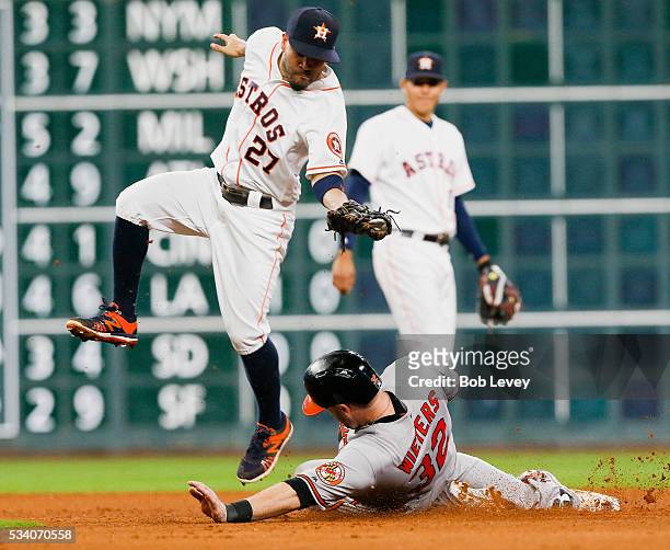 Matt Wieters of the Baltimore Orioles slides under the tag of Jose Altuve of the Houston Astros in the ninth inning at Minute Maid Park on May 24,...