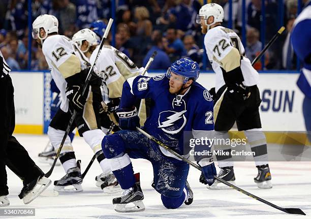 Slater Koekkoek of the Tampa Bay Lightning reacts after Nick Bonino of the Pittsburgh Penguins scored an open net goal during the third period in...