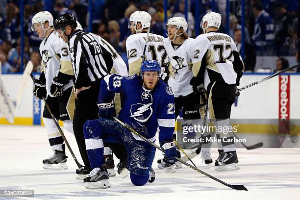 Slater Koekkoek of the Tampa Bay Lightning reacts after Nick Bonino of the Pittsburgh Penguins scored an open net goal during the third period in...