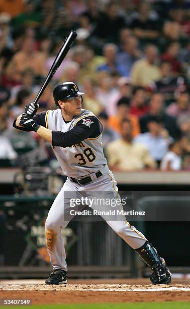 Jason Bay of the Pittsburgh Pirates bats during the game with the Houston Astros on August 14, 2005 at Minute Maid Park in Houston, Texas.