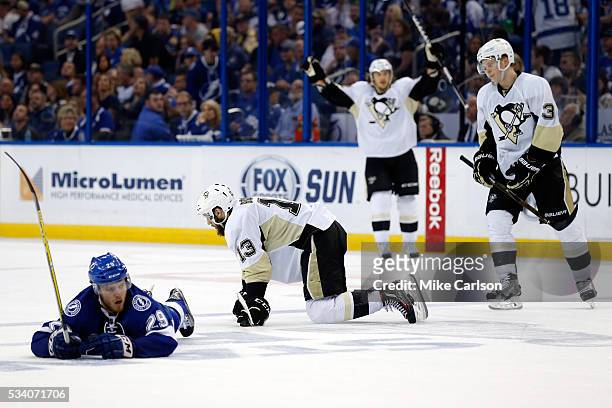 Nick Bonino of the Pittsburgh Penguins reacts after scoring an open net goal against the Tampa Bay Lightning during the third period in Game Six of...