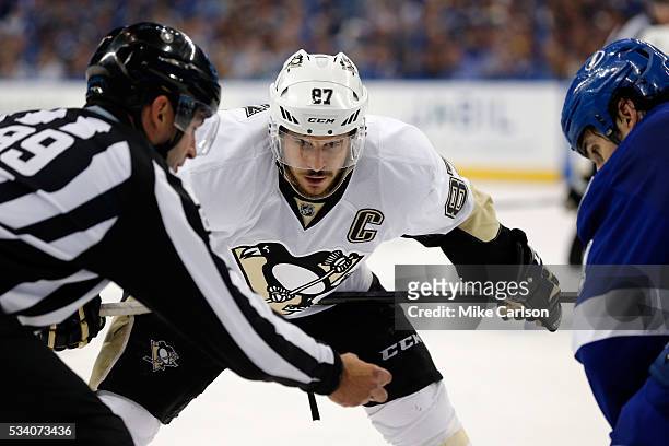 Sidney Crosby of the Pittsburgh Penguins looks to face off against the Tampa Bay Lightning in Game Six of the Eastern Conference Final during the...