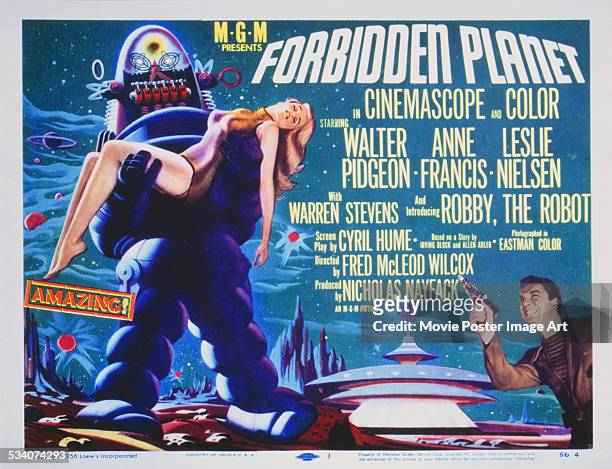 Poster for Fred M. Wilcox's 1956 science fiction film 'Forbidden Planet', featuring Robby the Robot, Anne Francis and Leslie Nielsen.