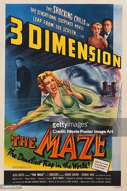 Poster for William Cameron Menzies' 1953 3-D horror film 'The Maze', starring Richard Carlson and Veronica Hurst.