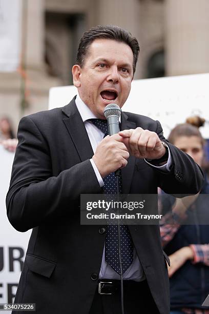 Senator Nick Xenophon speaks on the steps of Parliament House on May 25, 2016 in Melbourne, Australia. The Federal Government is expected to announce...