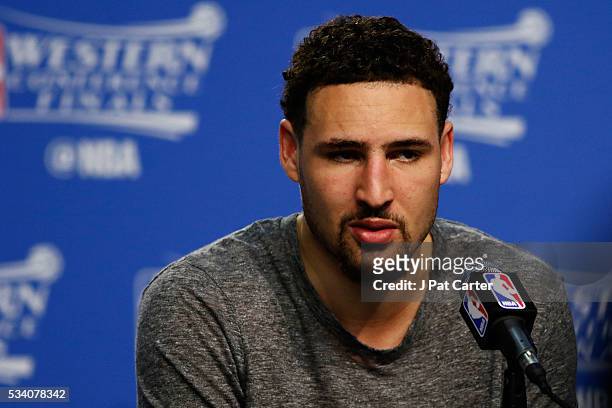 Klay Thompson of the Golden State Warriors speaks to the media after their 94 to 188 loss to the Oklahoma City Thunder in game four of the Western...