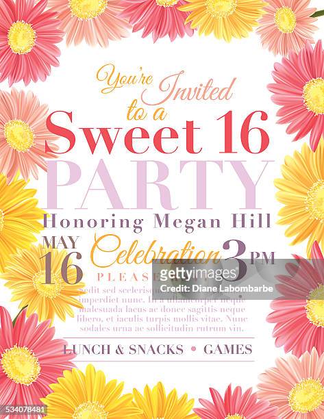 stockillustraties, clipart, cartoons en iconen met floral sweet 16 birthday party invitation template - gerbera