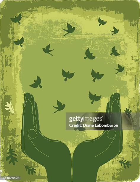 green cupped hands with flock of birds flying up - releasing stock illustrations