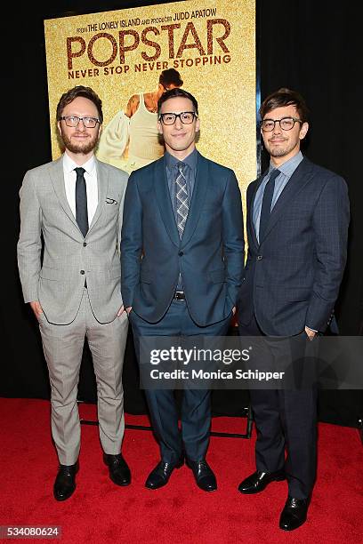 Akiva Schaffer, Andy Samberg and Jorma Taccone attend 'Popstar: Never Stop Never Stopping' New York Premiere at AMC Loews Lincoln Square 13 theater...